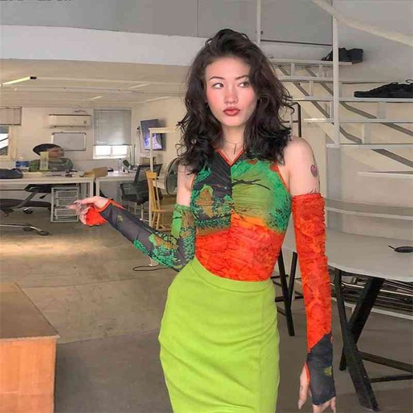 

women summer 2 pcs set crop and long sleeve fashion casual mesh slim t-shirt lady streetwear tees new 210426, White