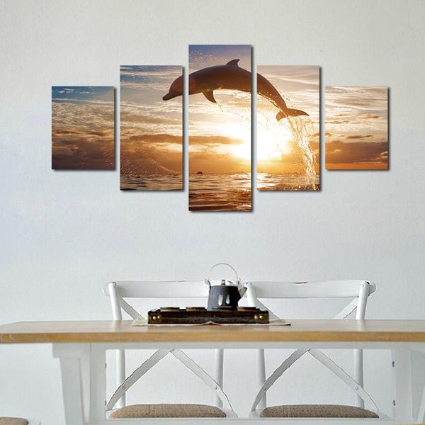 

5pcs/set unframed the jumping dolphin sunset painting hd print on canvas wall art for living room decor