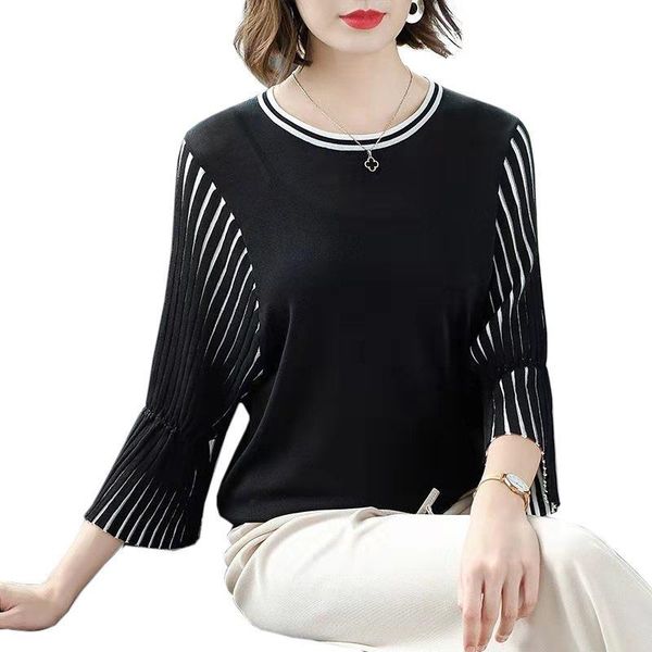 

spring knit loose casual womens sweater korean pullover thin black stripes summer fashion, White;black