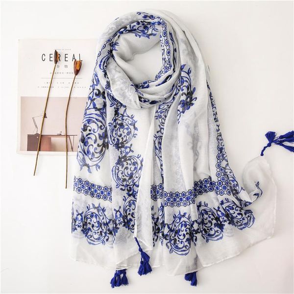 

scarves 2021 sunscreen silk white and blue print beach towel winter cotton linen scarf lady seaside tassels shawls, Blue;gray