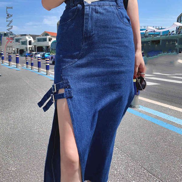 

high waist half-body blue denim buckle irregular design a-line skirt women fashion tide spring summer 2f0253 210507, Black