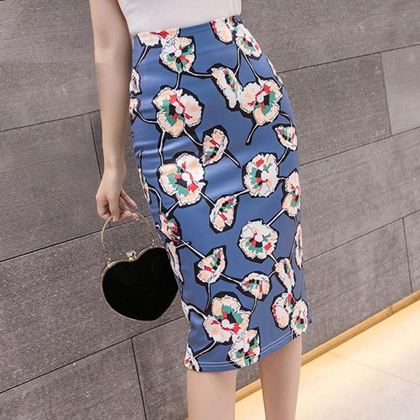 

skirts blue novelty flower print women pencil midi saias female slim faldas girls bodycon bottoms wholesale, Black