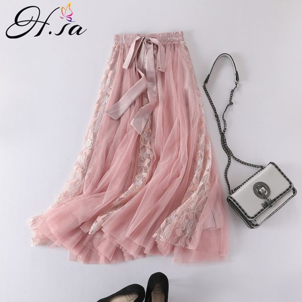 

hsa korean style women summer lace and female mesh bow sashes bandage gauze patchwork long skirt saias 210417, Black