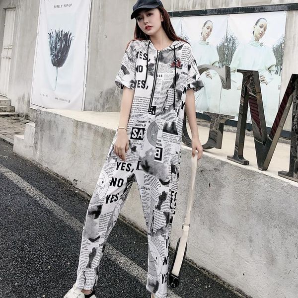 

women's jumpsuits & rompers women printing short sleeve jumpsuit high street hooded romper hip hop design one piece overalls, Black;white