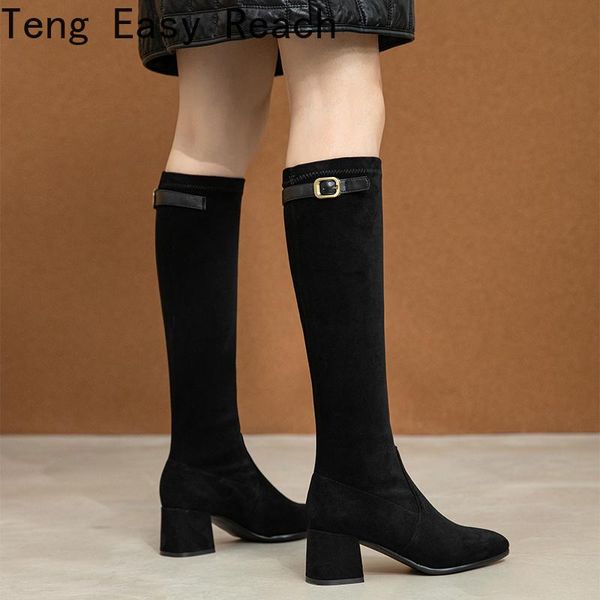 

boots 2022 knee high boot ladies stretch autumn winter fashion block heels metal button women comfortable size32-43, Black
