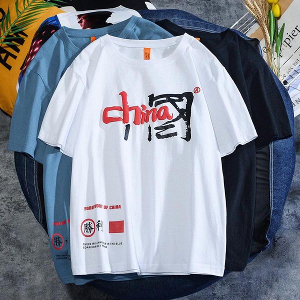 

men's t-shirts guochao design t-shirt casual loose 2021 summer short-sleeved blister printing china chinese cotton clothes for men, White;black