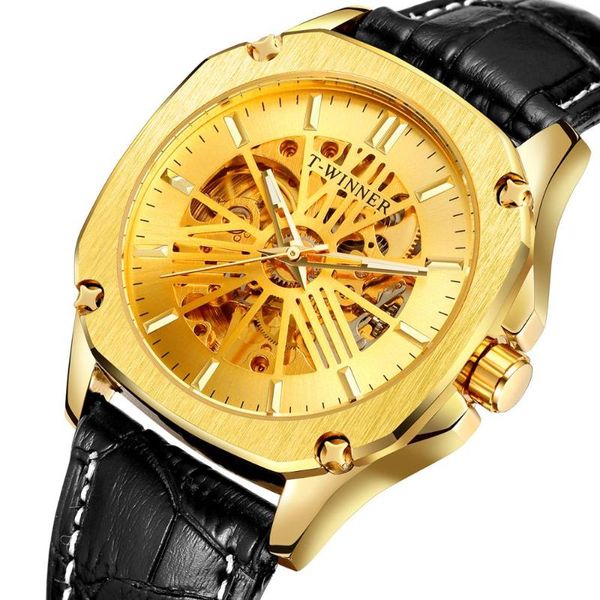 

wristwatches china wholesale brand t-winner 2021 design water resistant watch automatic genuine leather men watches casual business clock, Slivery;brown