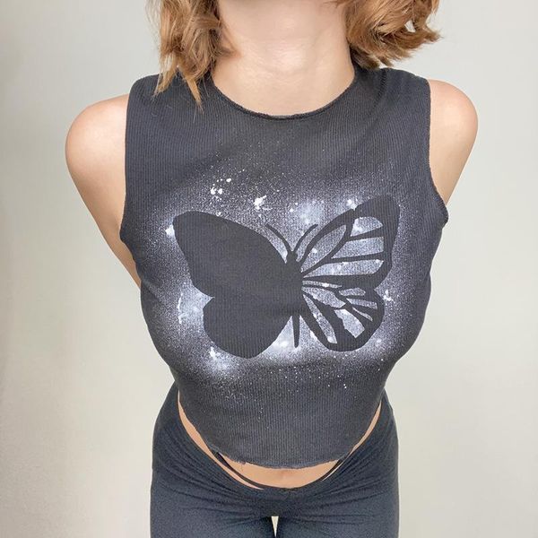 

women's t-shirt crop women butterfly print o-neck short slim sleevelss casual y2k fashion summer 2021 tank, White