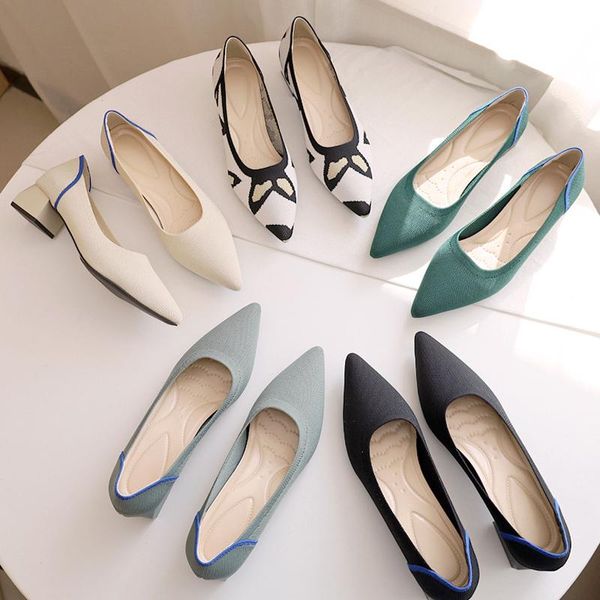 

dress shoes 2021 color match pointed toe knitted fabric pumps slip-on daily rubber sole med block heels loafers women mesh shallow, Black