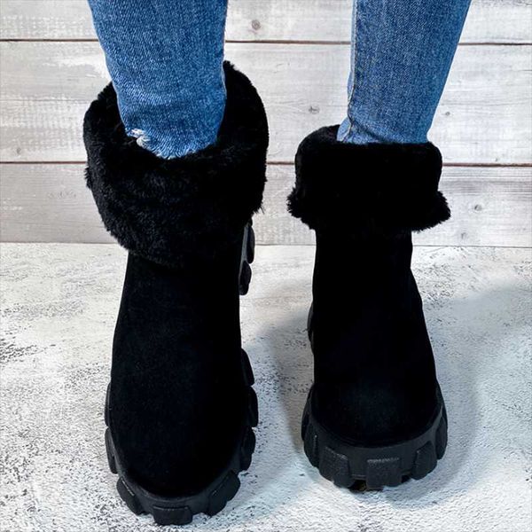 

boots 2021 winter women ankle heels high wedge footwear warm fur platform leather sneakers cotton snow for female bota, Black