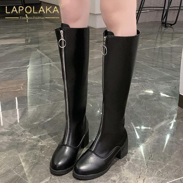 

boots lapolaka 2021 design square heels concise shoes lady woman platform zip up comfortable fashion knee high female, Black
