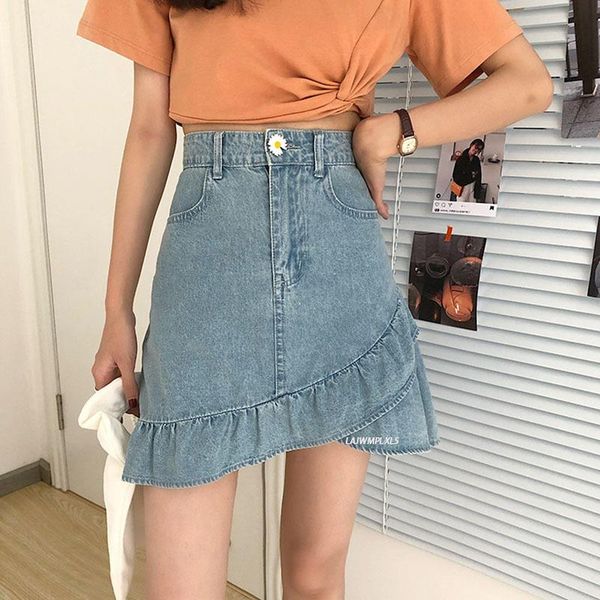

skirts mini jean for women summer fashion asymmetrical ruffle a line high waist female all match casual slim skirt, Black