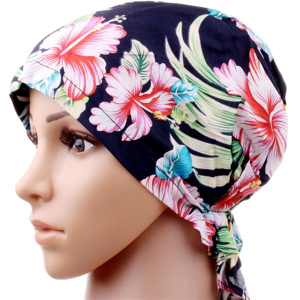 

women stretch cotton print sleep turban hat headwear scarf chemo beanie cap for cancer hair loss, Blue;gray