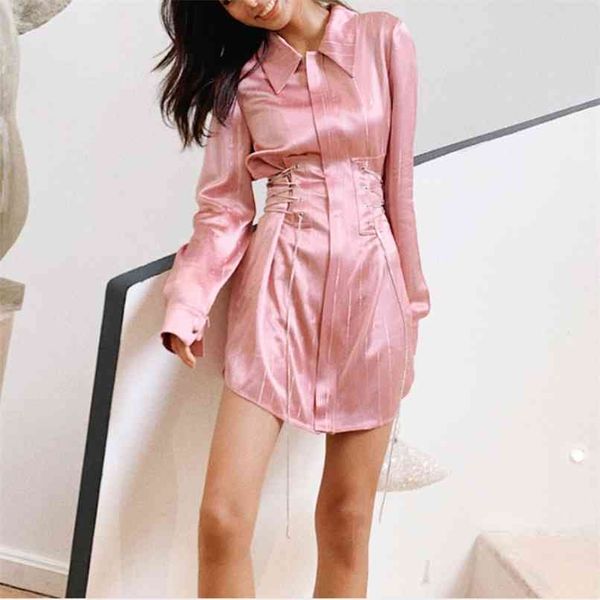 

orgreeter catwalk design luxury women shirt dresses lapel long sleeve chain sashes elegant female slim mini 210602, Black;gray