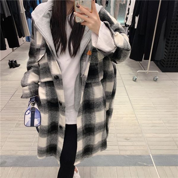 

women's wool & blends winter women plaid long coat casual warm patchwork overcoat female fashion outwear, Black