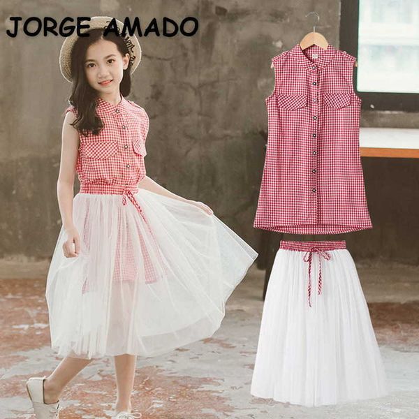 

spring teenagers girls 2-pcs sets sleeveless vest + elastic waist gauze skirt cool style children outwear clothes e8136 210610, White