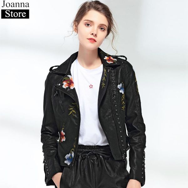 

women's leather & faux autumn winter women flower embroidered short locomotive rivet jacket casual lapel pu motorcycle black punk jacke