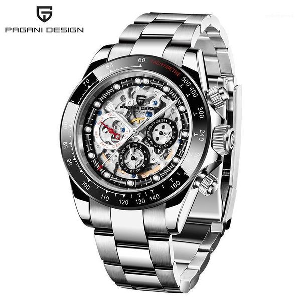 

design watch men skeleton automatic mechanical stainless steel waterproof fashion business relogio masculino wristwatches, Slivery;brown