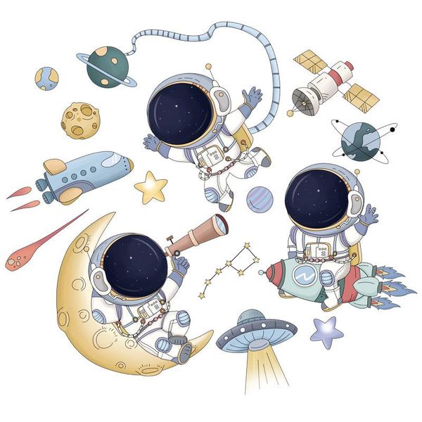 

cartoon spaceship wall sticker for kids rooms astronaut ufo decor pvc diy decals art murals home decoration stickers