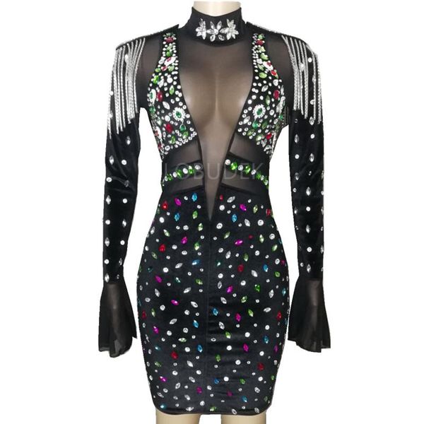

stage wear multi-color dress crystals stones mesh velvet slit mini fashion evening party rhinestones wrap hips short costume, Black;red