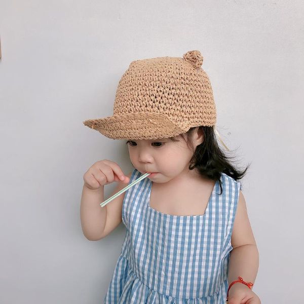 

korean hand hook sun hats for boy girl solid straw hat summer beach travel bucket cap adjustable cute children baseball caps &, Yellow