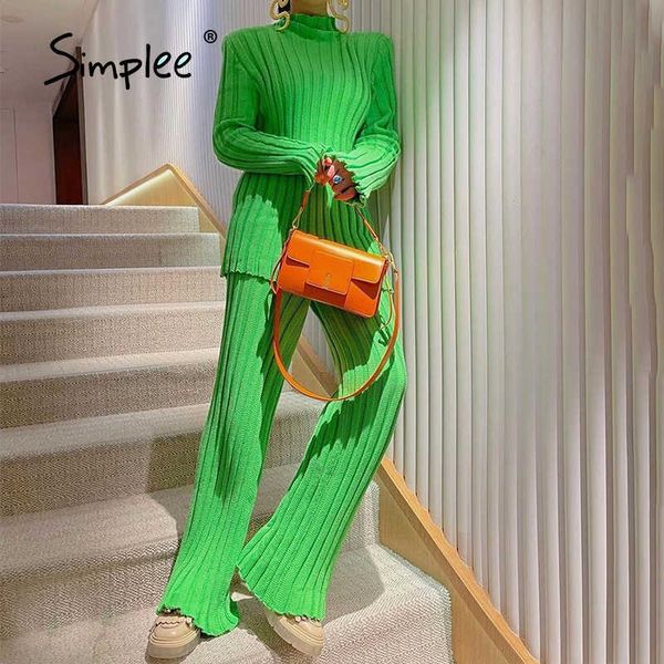 

simplee vintage green turtleneck long sleeves knitted pant sets women high street winter two-piece set female shoulder pads suit 210929, White