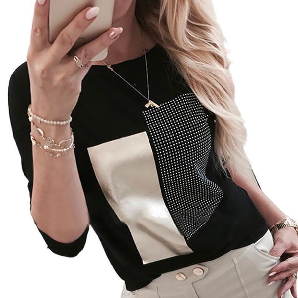 

plus size s 3xl casual women autumn patchwork drilling long sleeve t shirt ladies fashion streetwear european sj5093m, White