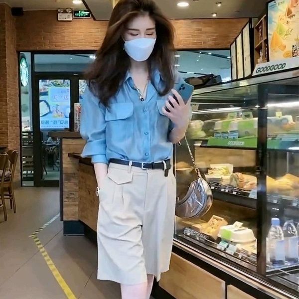 

women's tracksuits 2021 oversize solid girls summer blouse women suit short sleeves shirt high waist wide leg trousers two piece short, Gray