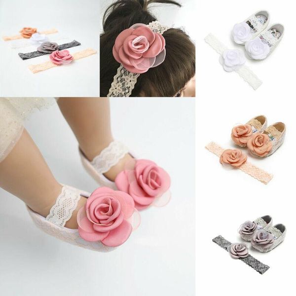 

first walkers infants born baby girls non-slip soft sole crib shoes lace flower headband summer party