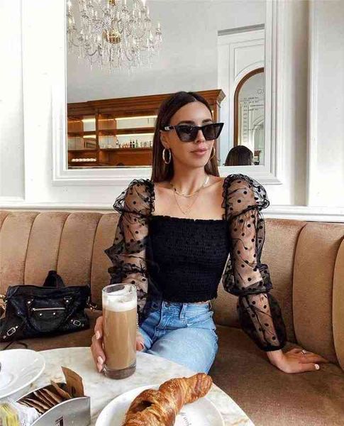 

square collar summer dot mesh womens shirts sheer puff ruffle long sleeve shirt white black casual ruched