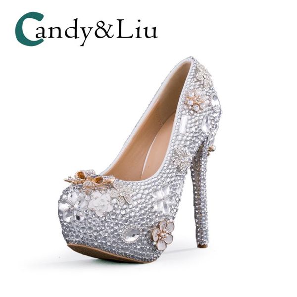

silver crystal wedding shoes super high heel rhinestone large size round toe women pumps with platform for party banquet evening dress, Black