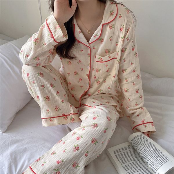

sleepwear two piece suit lovely cotton gentle floral printing sweet korean casual loose chic fashion pajamas set, Black;red