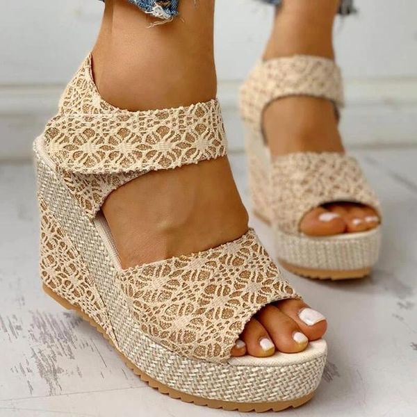 

wedges women summer sandals platform lace heel peep toe fashion casual wedding open shoes ladies plus size, Black