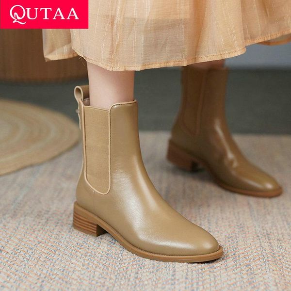 

boots qutaa 2022 autumn winter fashion ladies pumps genuine leather ankle round toe square heel slip on women shoes size 34-39, Black