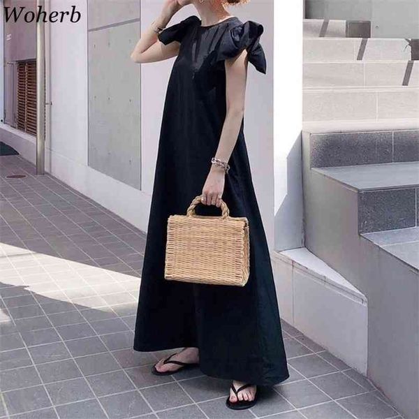 

summer casual ladies dresses o-neck flying sleeve female a-line black long dress elegant women vestidos solid robe 210519, Black;gray