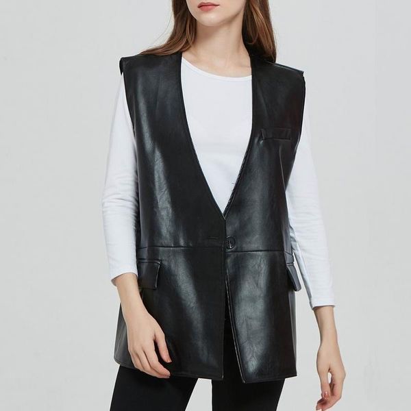 

women's vests loose women faux leather vest autumn 2021 fashion sleeveless outerwear black pu modern lady casual top, Black;white