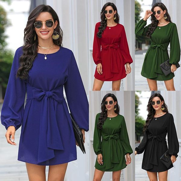 

casual dresses dress long sleeve o-neck elegant party bows robe office ladies woman women autumn winter basic vestidos c0045, Black;gray