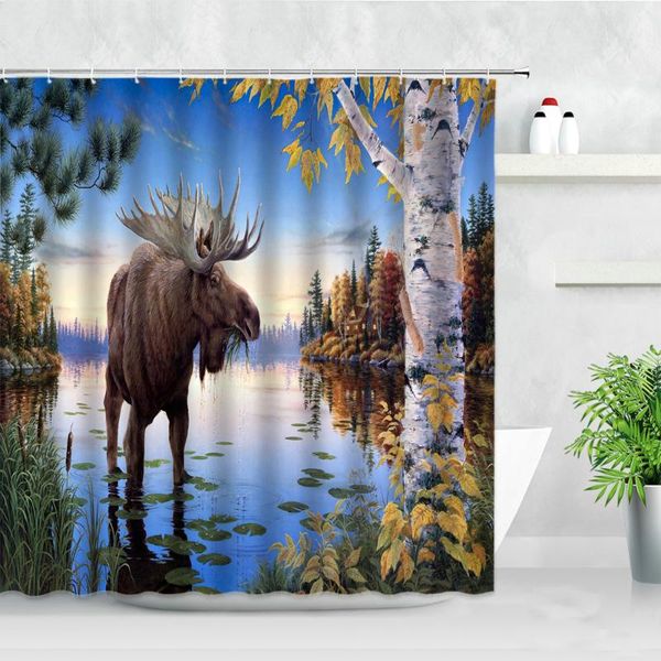 

wild animal oil painting waterproof shower curtains elk moose lake forest plant autumn scenery fabric bathroom decor curtain set