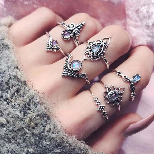 

cluster rings bague femme vintage water drops ring for women boho geometric flower crystal knuckle set bohemian midi finger jewelry, Golden;silver