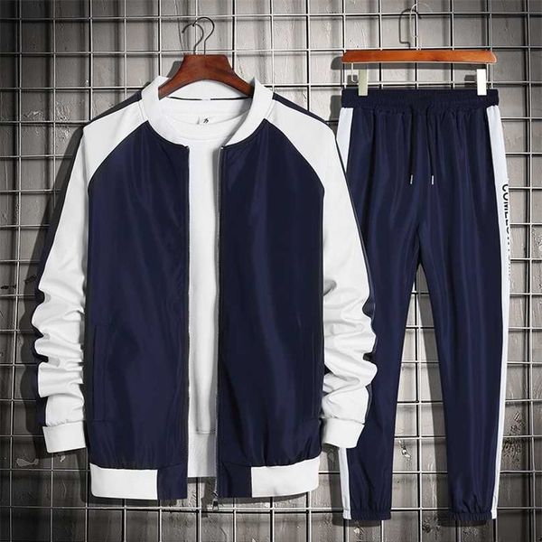 

brand men sets casual zipper tracksuit spring autumn mens solid splice set jacket+pants sports suit streetwear hip hop 211109, Gray