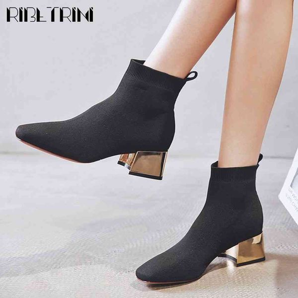 

boots spring ladies fashion square toe sock shoes woman brand ankle stretch women high chunky heels boots, Black
