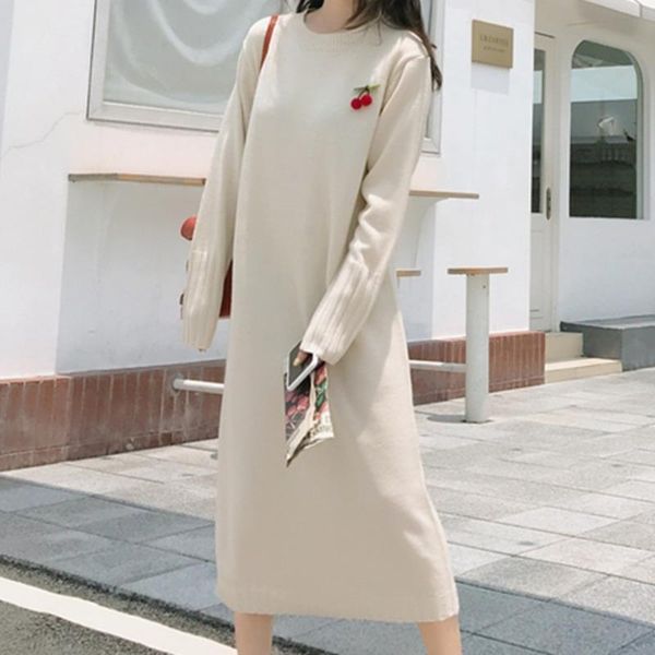 

casual dresses fall winter 2021 korea fashion straight cherry pendant knitted maxi dress loose thick long sleeve vestidos de mujer, Black;gray