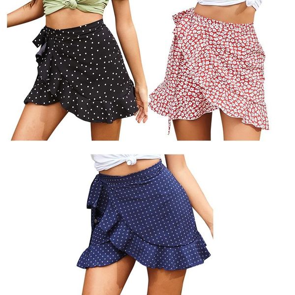 

mini skirts women summer ruffle high waist bow tie skirt print, Black