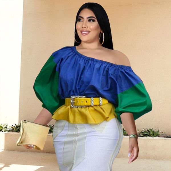 

plus size t-shirt one shoulder blouse patchwork flare sleeve casual loose shirt autumn fashion tunics evening party big female clothing, Black