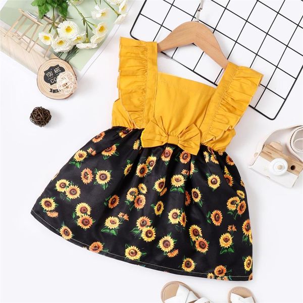 

girl's dresses 2021 summer girls dress toddler kids baby sleeveless ruffle floral sunflower print bowknot a-line cute princess clothes, Red;yellow