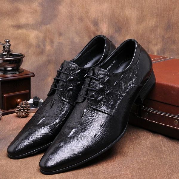 

business formal men's leather shoes, pointed toe with british lace, crocodile pattern layer leather, wedding shoes dress, Black