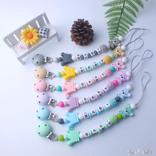 

pacifiers# 1pcs pink silicone baby pacifier clips crochet beads crown koala chain holder shower gift teethings