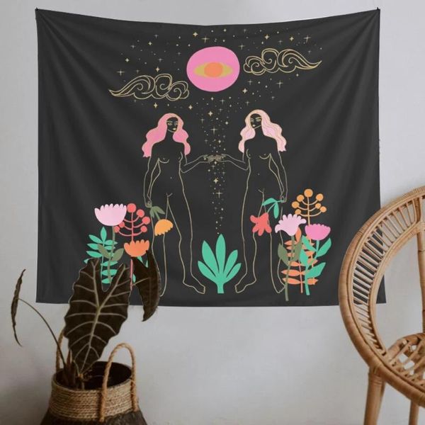 Wandteppiche, abstrakte Linie, nacktes Mädchen, Wandteppich, Wandbehang, bunte Blumenpflanzen, Schlafzimmer, Wohnheim, Dekoration, schwarzer Hintergrund, Augenweisheit, Dekoration