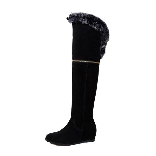 

boots winter over-the-knee fashion height increasing wedges plush hair snow long side zipper women warm shoes, Black