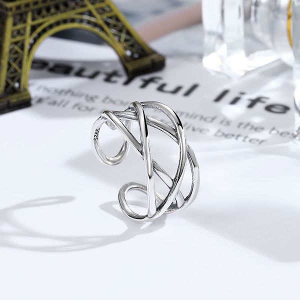 

factory wholesale s925 silver ins hollow out cross line female personality geometric creative ring hea/rtsch/rome